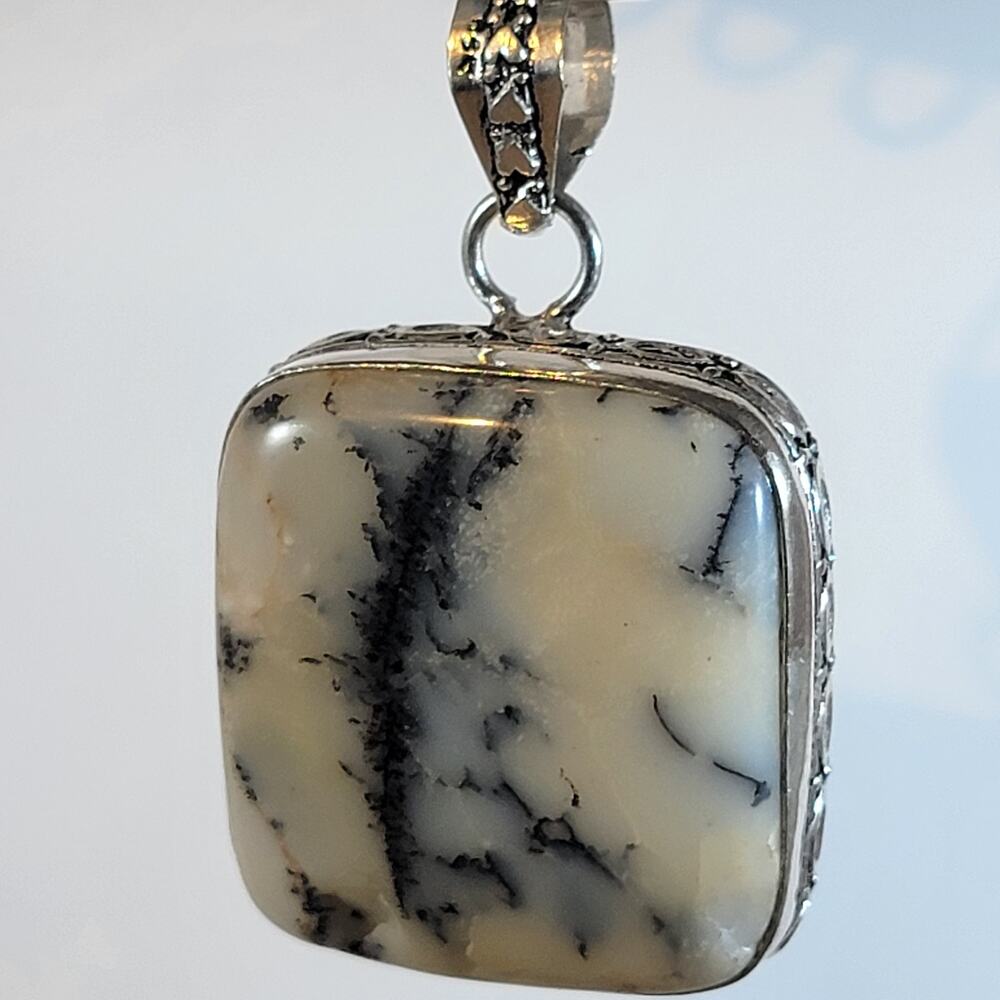 Handmade Silver Pendant – Dendritic Opal Cabochon + 20" Sterling Silver Chain